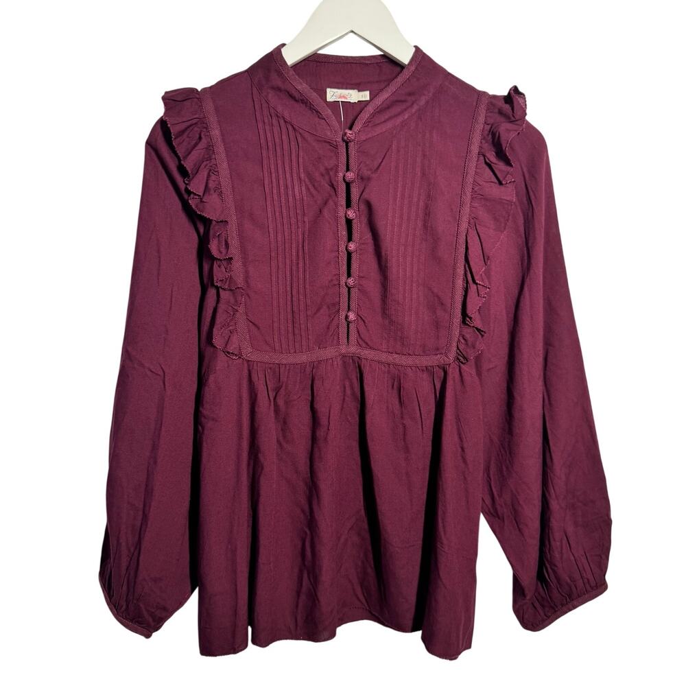 Faherty Sparrow Ruffle‎ Trim Port Cottagecore Popover Blouse Women S Maroon Red